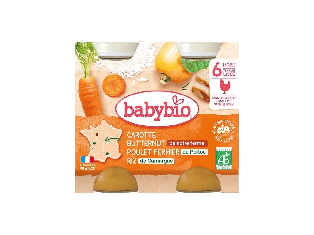 BABYBIO Mrkva s maslovou tekvicou, kuracím mäsom a ryžou (2x200g)