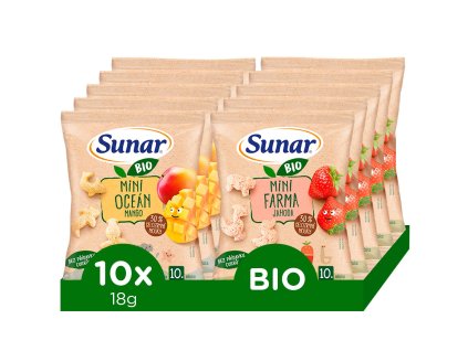 Sunar BIO detské chrumky mix príchutí mango a jahoda 10m+, 10x18g