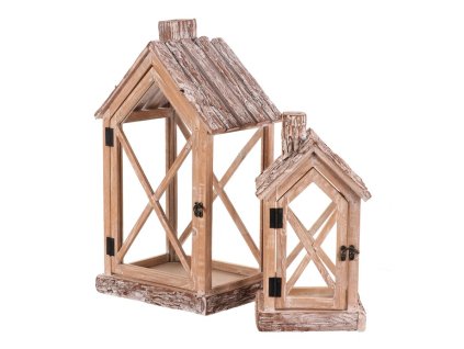 Lucerna dřevěná - tvar domku s komínem, cena za sadu 2 ks