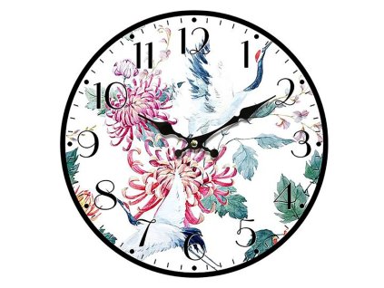 Hodiny nástěnné - pr. 34 cm, MDF, vzor květin s jeřáby