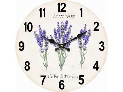 Hodiny nástěnné - pr. 34 cm, MDF, bílé s levandulemi