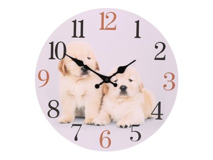 Hodiny nástěnné - pr. 34 cm, MDF, motiv štěňat