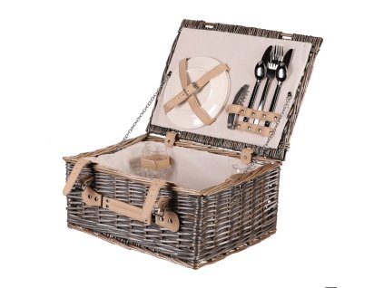Koš piknikový - s vybavením pro 2 osoby, proutěný, barva šedá