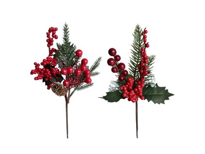 Větev umělá - jehličí, listí a červené bobule, mix 2, cena za 1 ks