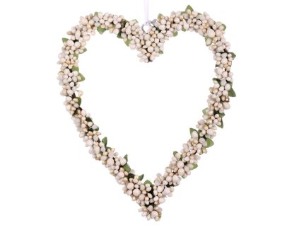 Srdíčko z umělých bobulí - závěsná dekorace, barva krémová