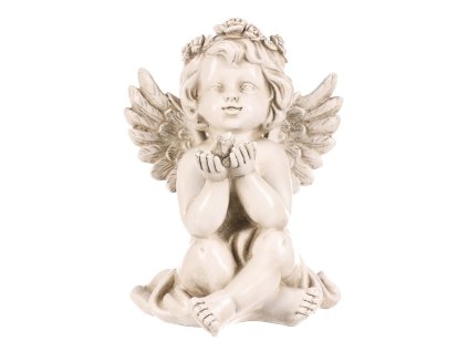 Anděl pietní - polyresin, LED, sedící, sv. šedý