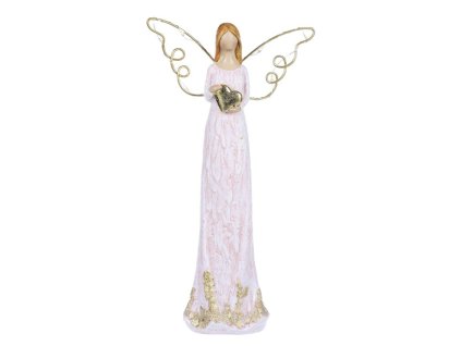 Anděl se svítícími křídly - polyresin, růžový se zlatým srdcem