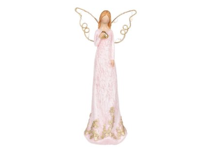 Anděl se svítícími křídly - polyresin, růžový se zlatým srdcem
