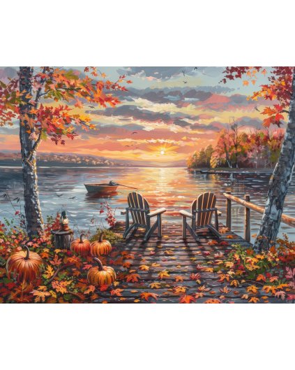 Obrazy na stěnu - POSEZENÍ NA MOLE, ČLUN, PODZIMNÍ STROMY A ZÁPAD SLUNCE