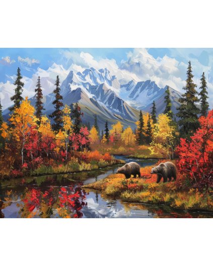 Obrazy na stěnu - MEDVĚD U ŘEKY, HORY A PODZIMNÍ STROMY