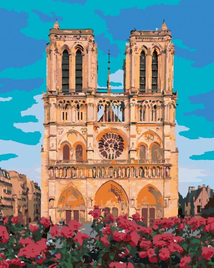Malování podle čísel - NOTRE DAME V PAŘÍŽI A ČERVENÉ KVĚTINY