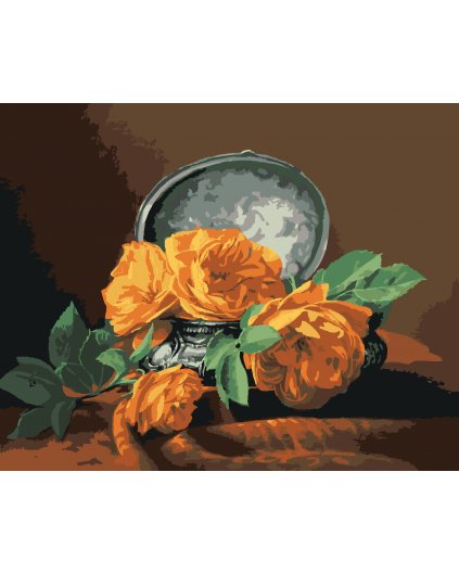 Malování podle čísel - ZÁTIŠÍ ŽLUTÉ RŮŽE VE ZDOBENÉM POUZDŘE (PIETER WAGEMANS)