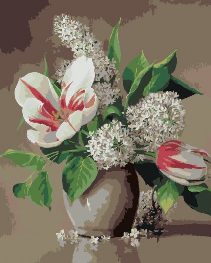 Malování podle čísel - ZÁTIŠÍ TULIPÁN A ŠEŘÍK V KERAMICKÉM KVĚTINÁČI (PIETER WAGEMANS)