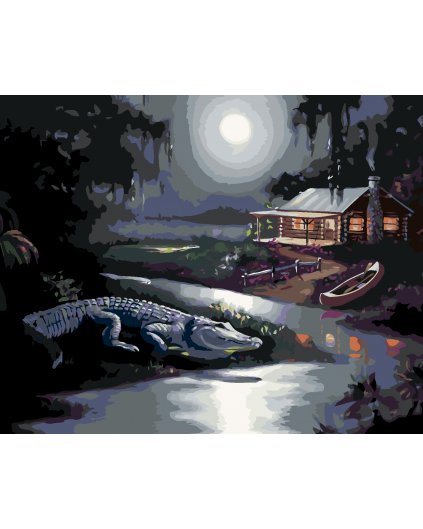 Malování podle čísel - ALIGÁTOR NA BŘECHU A CHATA ZA ÚPLŇKU (D. RUSTY RUST)