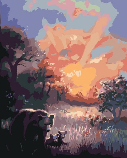 Malování podle čísel - MEDVĚD S MEDVÍĎATY A ZÁPAD SLUNCE (D. RUSTY RUST)