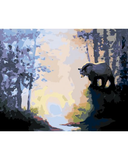 Malování podle čísel - MEDVĚD U ŘEKY V LESE A ZÁPAD SLUNCE (D. RUSTY RUST)