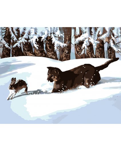 Malování podle čísel - PUMA LOVÍCÍ ZAJÍCE VE SNĚHU (D. RUSTY RUST)