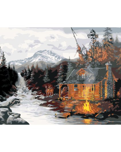 Malování podle čísel - CHATA, JELEN, ŘEKA A HORY (D. RUSTY RUST)