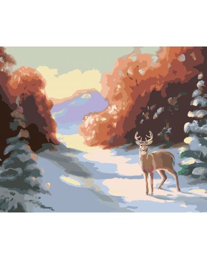 Malování podle čísel - JELEN A ZASNĚŽENÉ SMRKY V LESE (D. RUSTY RUST)