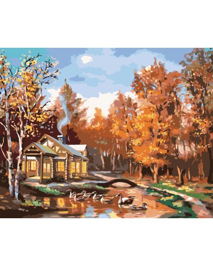 Malování podle čísel - SRUB V PODZIMNÍM LESE A KACHNY (D. RUSTY RUST)