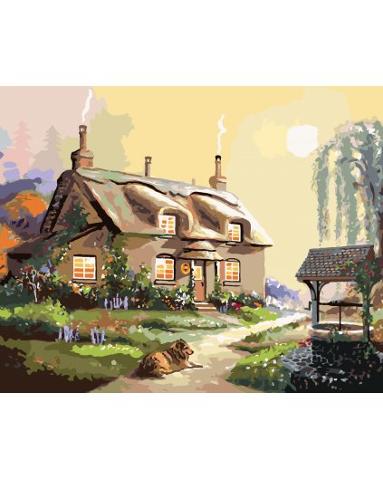 Malování podle čísel - PES PŘED CHALOUPKOU A STUDNA (D. RUSTY RUST)