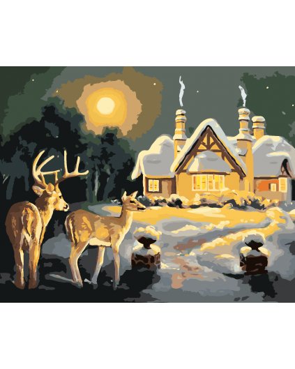 Malování podle čísel - JELEN A LAŇ U ZASNĚŽENÉHO DOMU (D. RUSTY RUST)