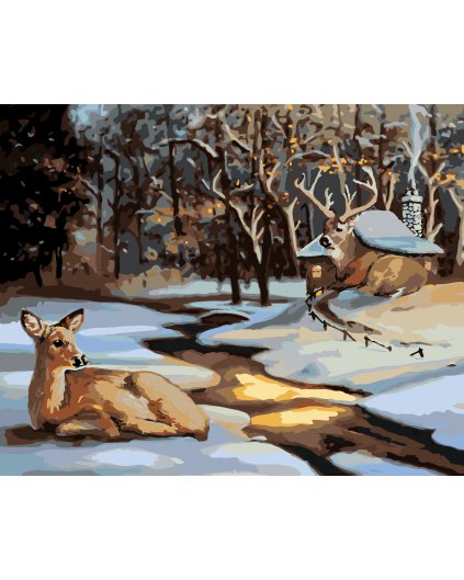Malování podle čísel - LAŇ A JELEN U ZASNĚŽENÉHO DOMU (D. RUSTY RUST)
