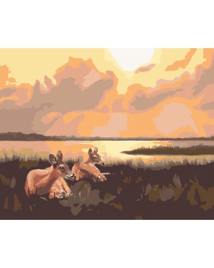 Malování podle čísel - LEŽÍCÍ SRNY A VÝCHOD SLUNCE (D. RUSTY RUST)
