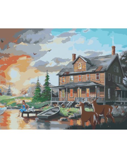 Malování podle čísel - JELEN A LAŇ U JEZÍRKA PŘED DOMEM (D. RUSTY RUST)