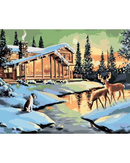 Malování podle čísel - LAŇ, JELEN A PES U SRUBU (D. RUSTY RUST)