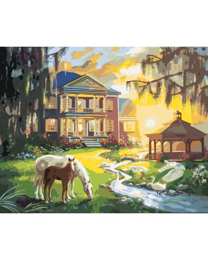 Malování podle čísel - KŮŇ S HŘÍBĚTEM U DOMU (D. RUSTY RUST)