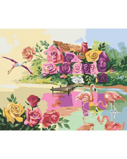 Malování podle čísel - PLAMEŇÁCI U DOMU RŮŽÍ (D. RUSTY RUST)