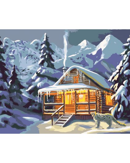 Malování podle čísel - LEOPARD U ZASNĚŽENÉ CHATY (D. RUSTY RUST)