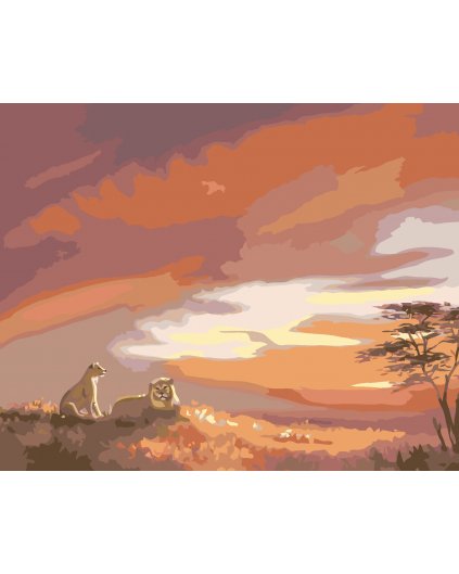 Malování podle čísel - LEV A LVICE PŘI ZÁPADU SLUNCE (D. RUSTY RUST)