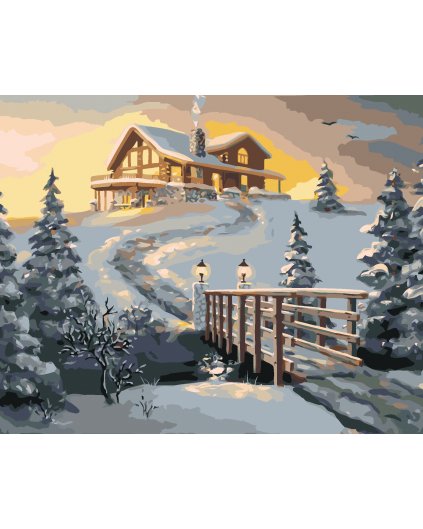 Malování podle čísel - ZASNĚŽENÝ SRUB PŘI ROZBŘESKU (D. RUSTY RUST)
