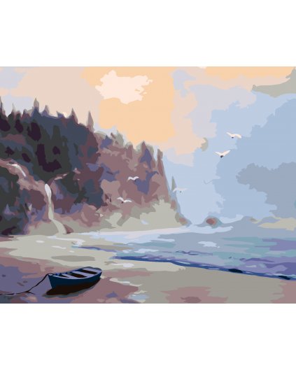 Malování podle čísel - OPUŠTĚNÁ LOĎKA NA PLÁŽI PO SOUMRAKU (D. RUSTY RUST)