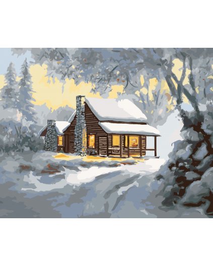 Malování podle čísel - ZASNĚŽENÝ SRUB PŘI ROZBŘESKU (D. RUSTY RUST)