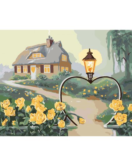 Malování podle čísel - ŽLUTÉ RŮŽE, BRANKA VE TVARU SRDCE S LAMPOU A DŮM (D. RUSTY RUST)