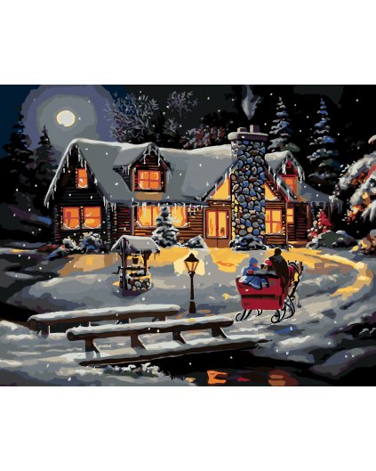 Malování podle čísel - ZASNĚŽENÝ SRUB PO SOUMRAKU (D. RUSTY RUST)