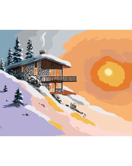 Malování podle čísel - ZASNĚŽENÁ CHATA PŘI ZÁPADU SLUNCE (D. RUSTY RUST)