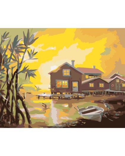 Malování podle čísel - DOMY S MOLEM U JEZERA, VOLAVKA A RACCI A ZÁPAD SLUNCE (D. RUSTY RUST)