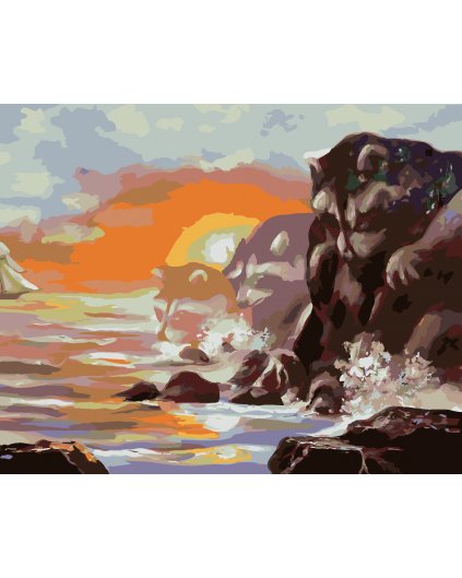 Malování podle čísel - PLACHETNICE, MÝVAL, SKÁLY, MOŘE A ZÁPAD SLUNCE (D. RUSTY RUST)