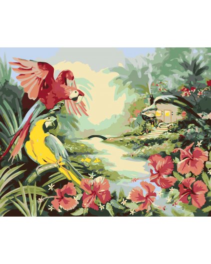 Malování podle čísel - PAPOUŠEK ARA A KVĚTINY VEDLE ŘEKY A CHATY (D. RUSTY RUST)
