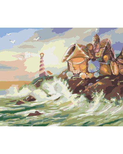 Malování podle čísel - DŮM A MAJÁK Z MUŠLÍ A VLNY (D. RUSTY RUST)