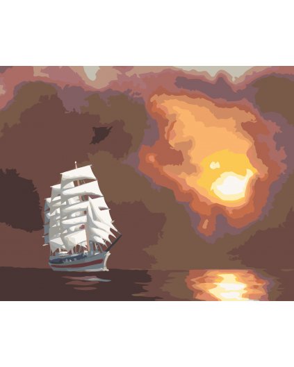 Malování podle čísel - BÍLÁ PLACHETNICE A SLUNCE ZA MRAKY (D. RUSTY RUST)