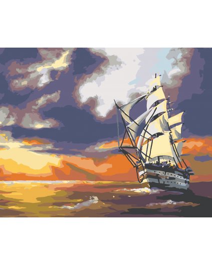 Malování podle čísel - PLACHETNICE PLUJÍCÍ NA MOŘI A ZÁPAD SLUNCE (D. RUSTY RUST)