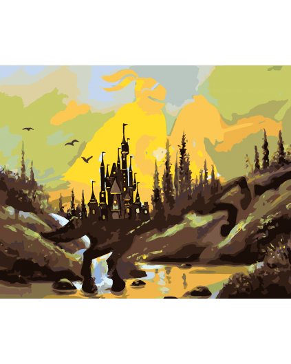Malování podle čísel - RYTÍŘ NA KONI, HRAD A ZÁPAD SLUNCE (D. RUSTY RUST)