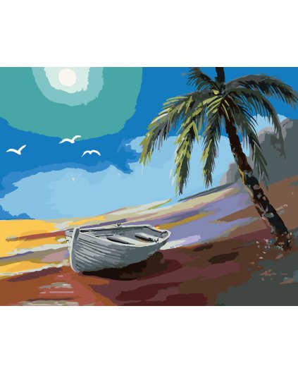 Malování podle čísel - LOĎKA U POBŘEŽÍ A PALMA (D. RUSTY RUST)