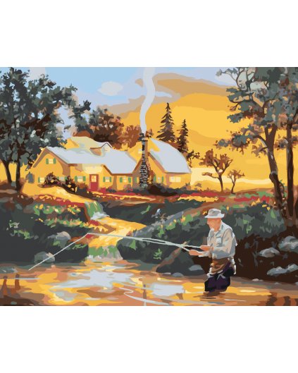 Malování podle čísel - RYBAŘÍCÍ MUŽ V ŘECE, DŮM A ZÁPAD SLUNCE (D. RUSTY RUST)