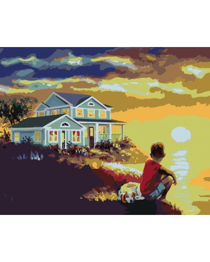 Malování podle čísel - CHLAPEC SE PSEM U MOŘE A ZÁPAD SLUNCE (D. RUSTY RUST)